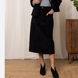 [US14]Contemporaine Black Corduroy Zip Midi Corduroy A-Line Skirt Pockets